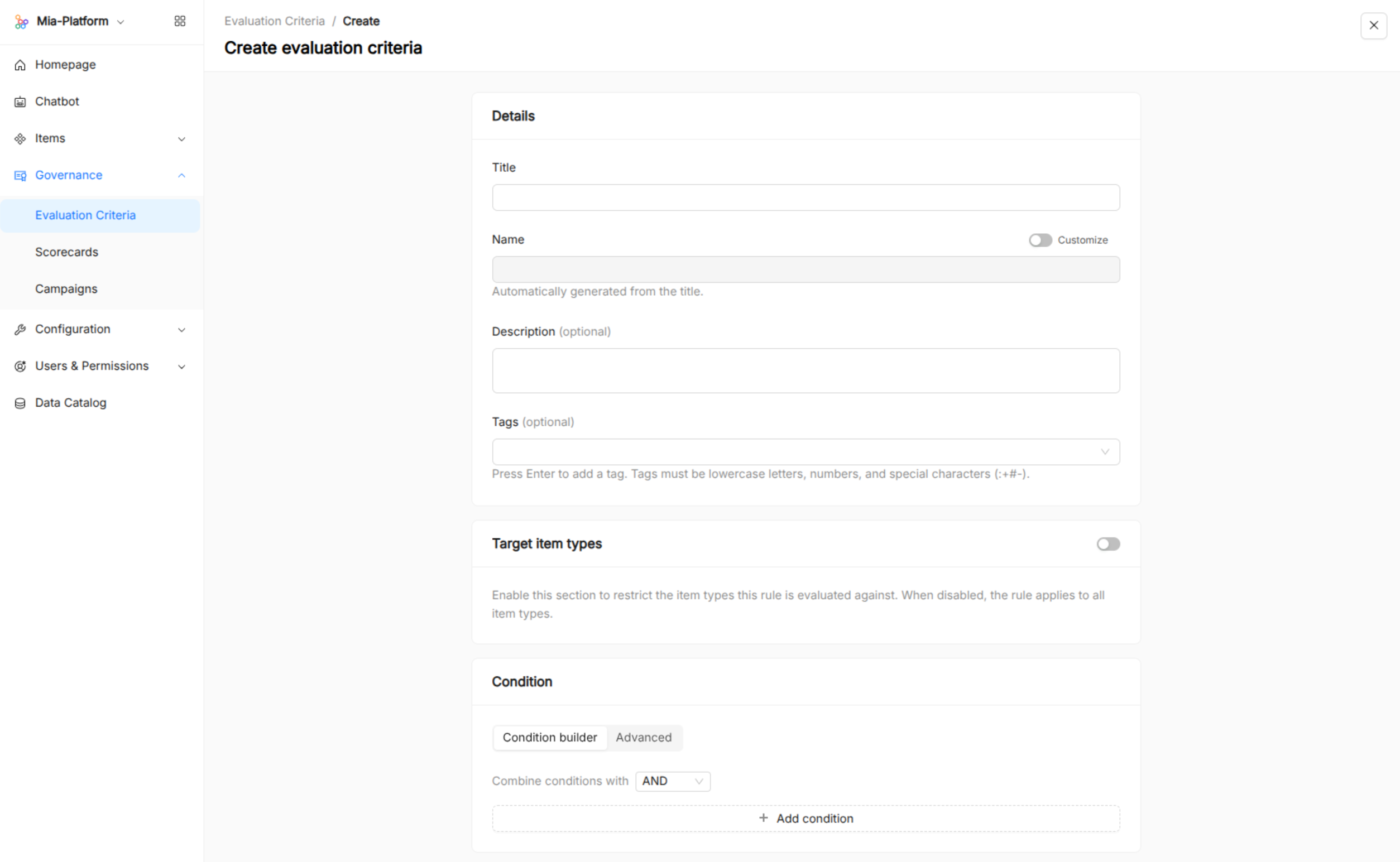 Catalog Administration Evaluation Criteria Creation dialog