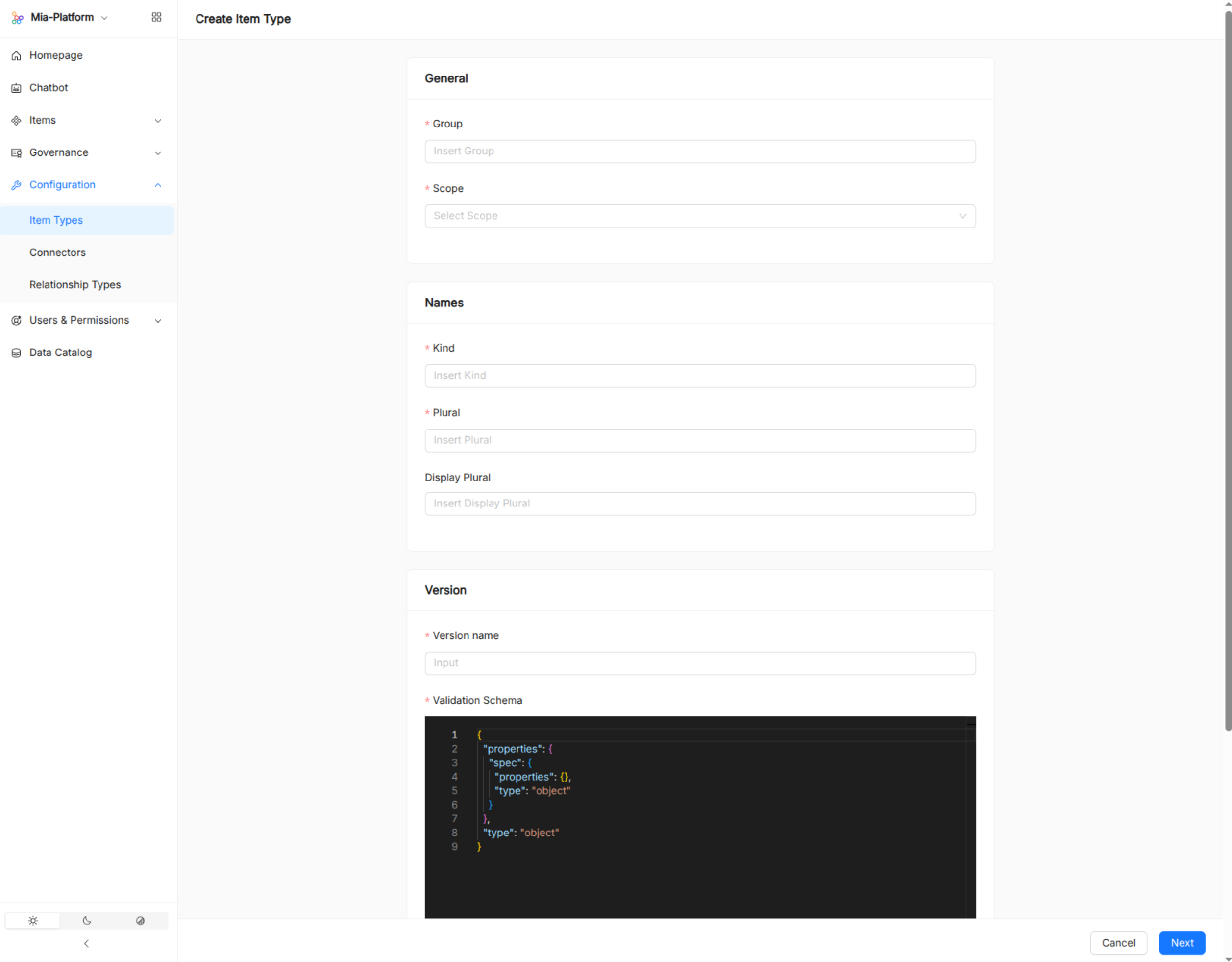 Catalog Administration Item Type Definition Creation