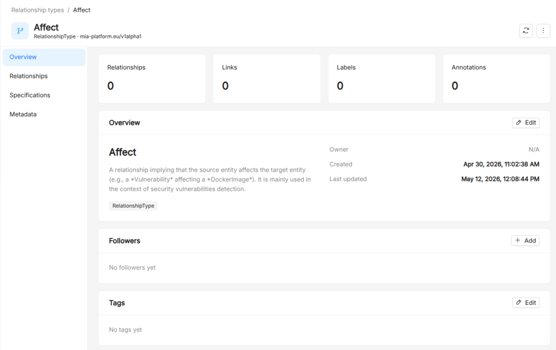 Catalog Administration Relationship Type Details