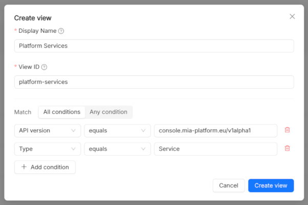 Catalog Administration View Creation dialog