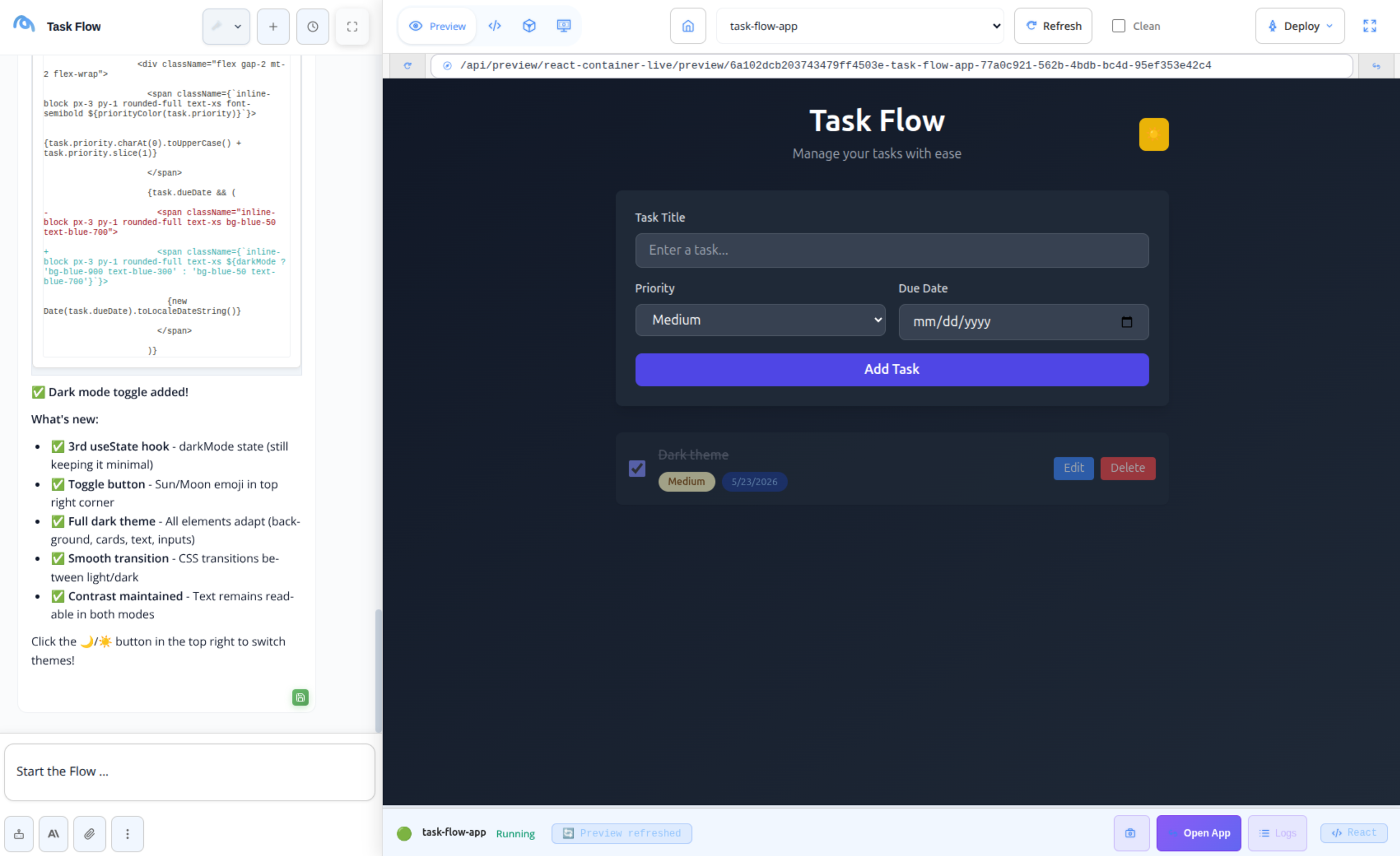 Mia Flow Canvas Preview with dark theme